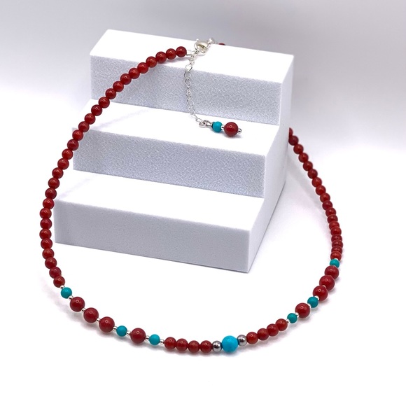 Red Coral & Turquoise Choker Necklace - Picture 5 of 10
